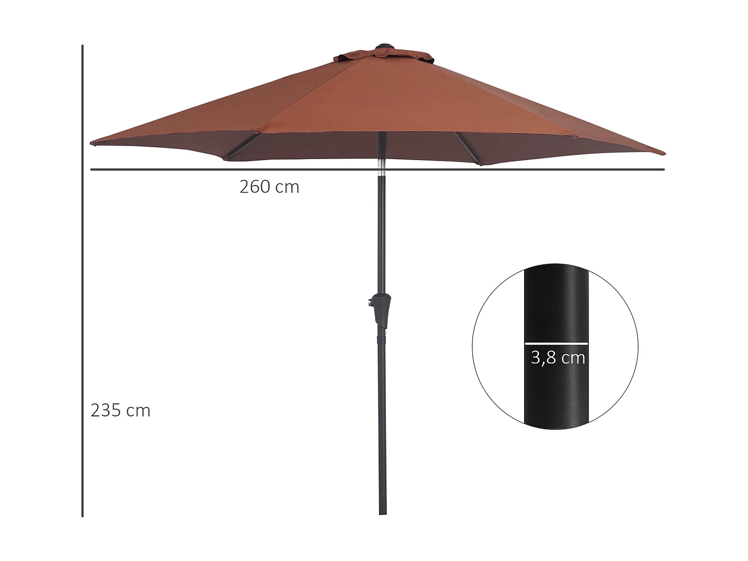 Sombrilla Toroni Outsunny reclinable + manivela marrón Ø260x235 cm