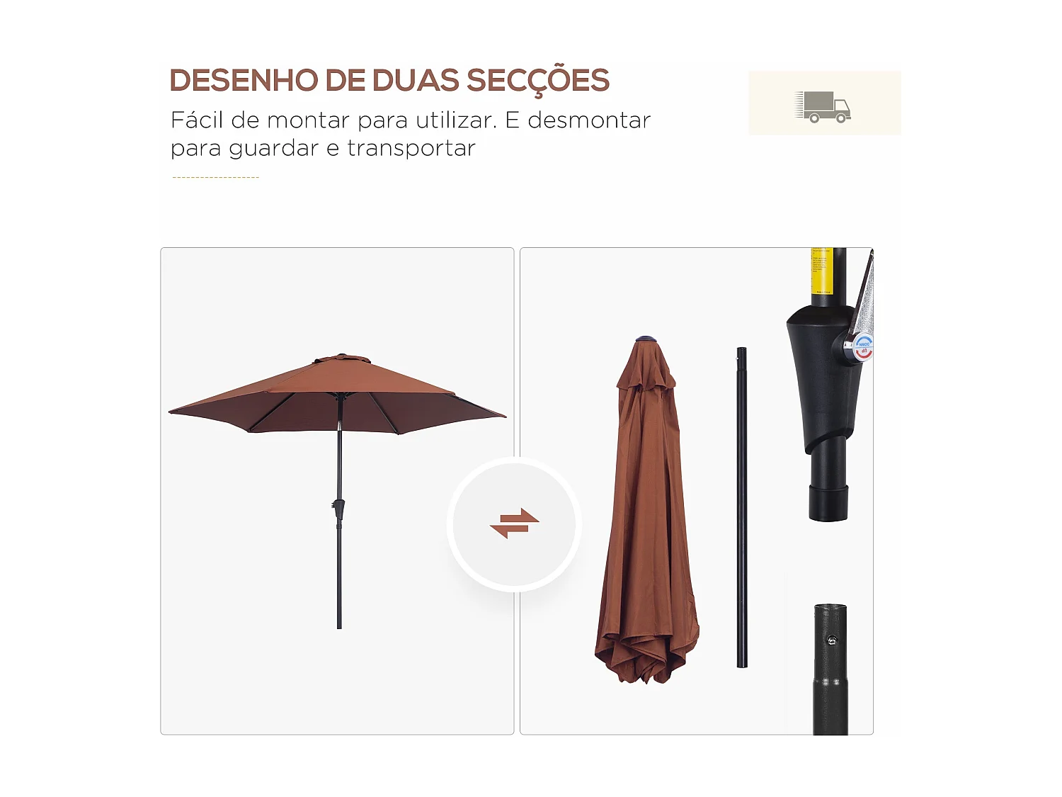 Sombrilla Toroni Outsunny reclinable + manivela marrón Ø260x235 cm