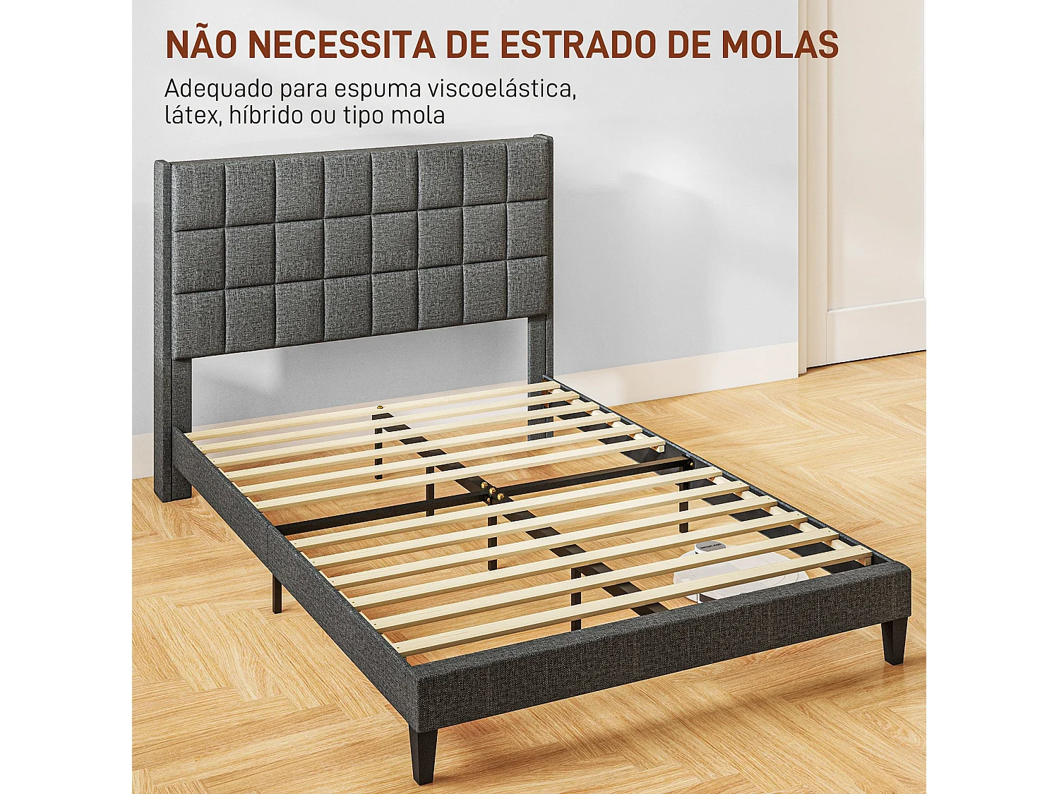 Estrutura de Cama de Casal Lúmina 135x190 cm em Linho e Madeira - Cinza Moderno e Elegante