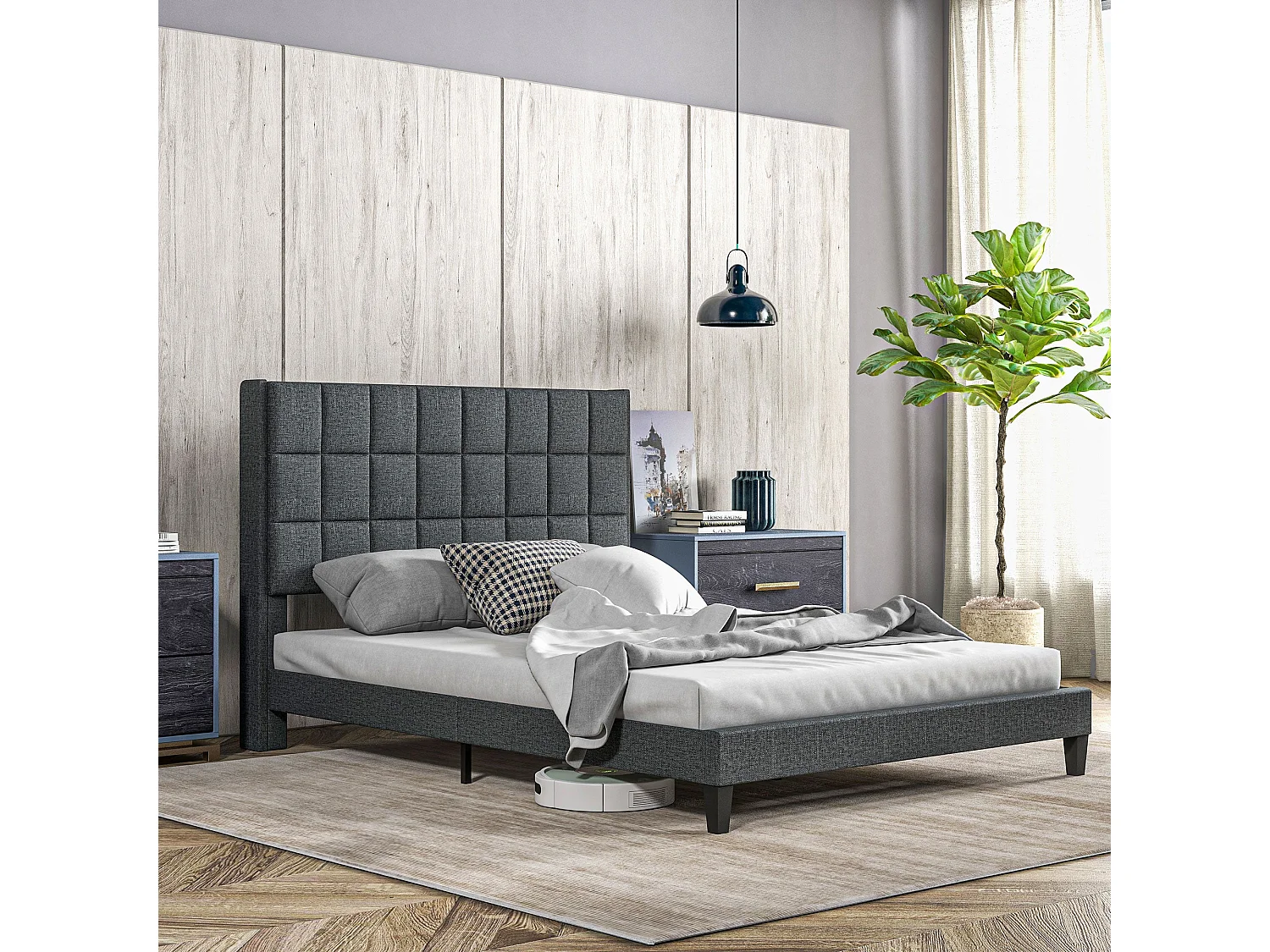 Estrutura de Cama de Casal Lúmina 135x190 cm em Linho e Madeira - Cinza Moderno e Elegante