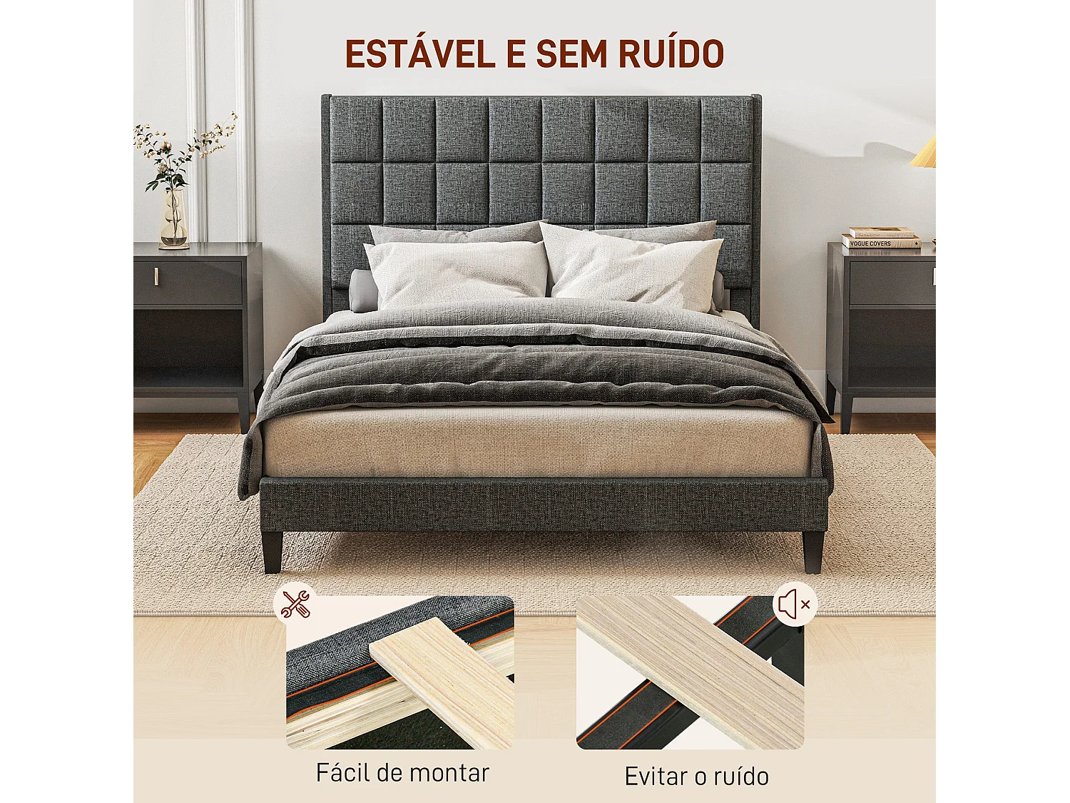 Estructura de cama Filo Homcom con cabecero gris 135x190 cm