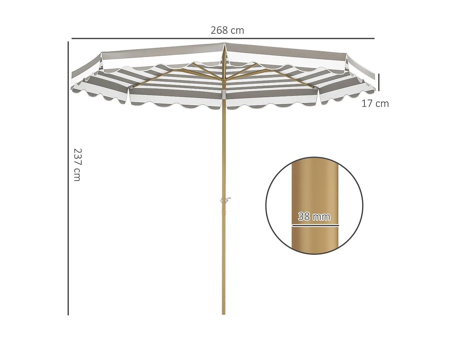 Chapéu de Sol de Jardim Ajustável Ø268 cm com Proteção UV 50+ para Pátio e Jardim em Cinza e Branco