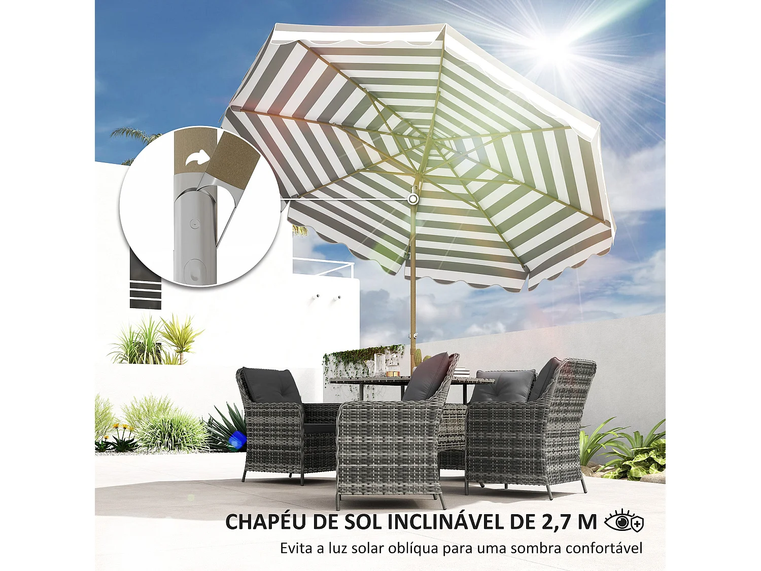 Chapéu de Sol de Jardim Ajustável Ø268 cm com Proteção UV 50+ para Pátio e Jardim em Cinza e Branco