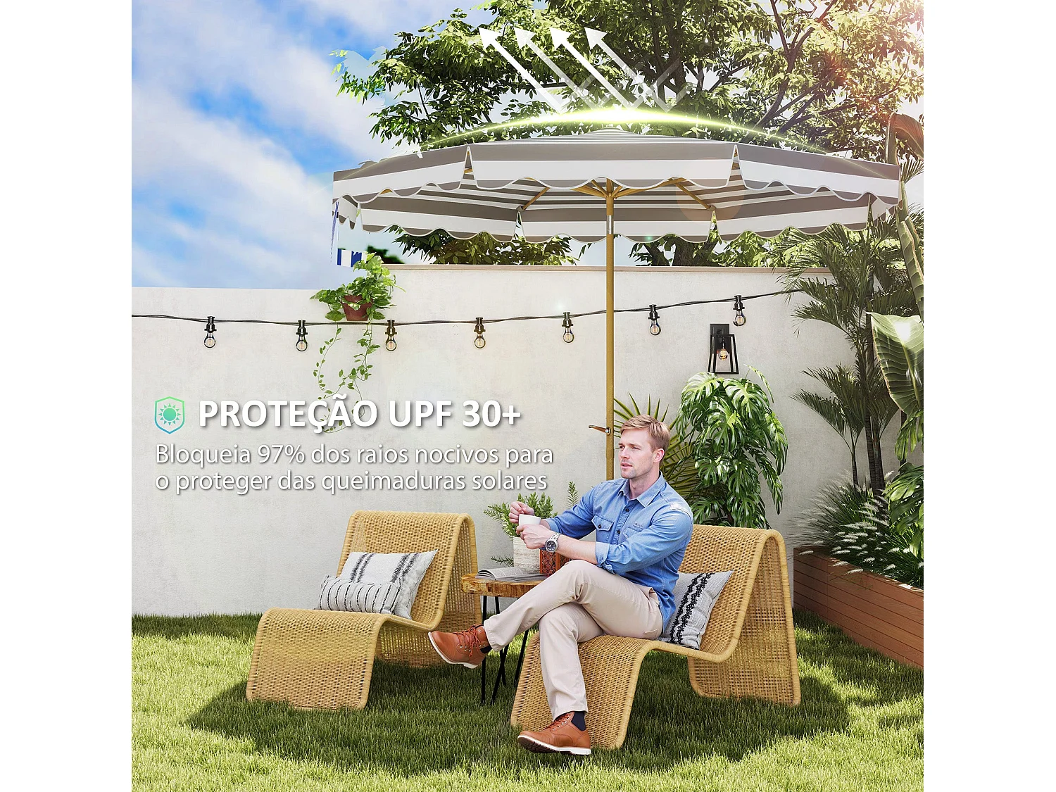 Chapéu de Sol de Jardim Ajustável Ø268 cm com Proteção UV 50+ para Pátio e Jardim em Cinza e Branco