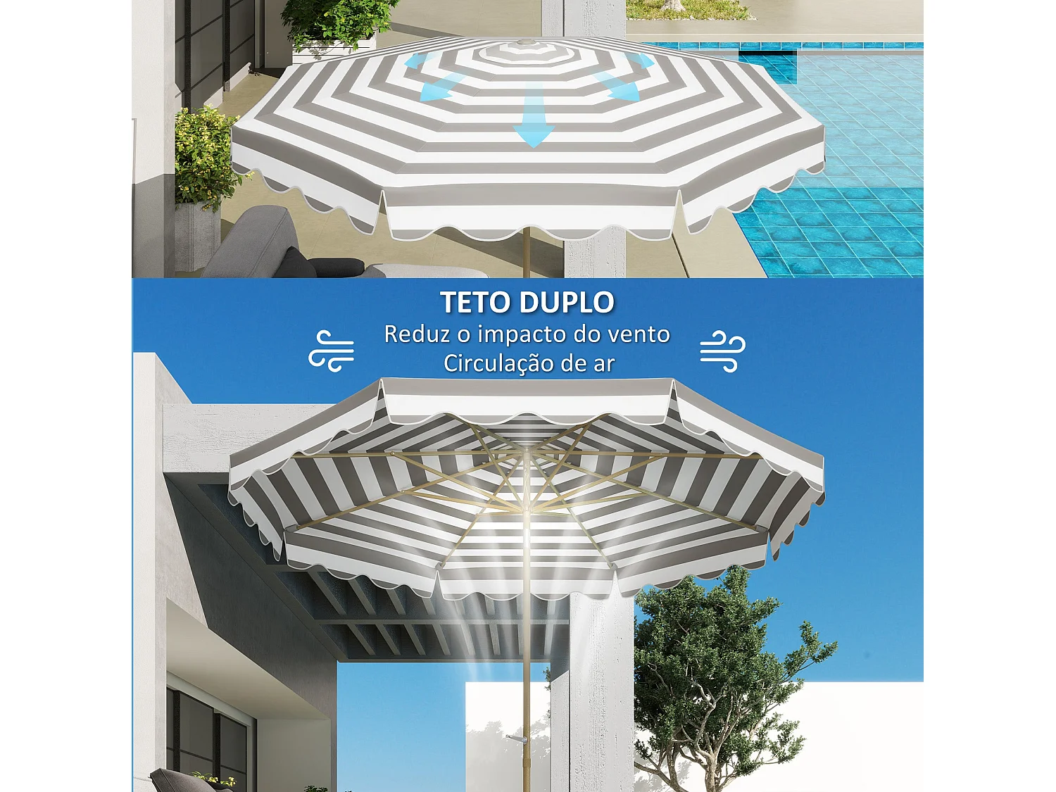 Chapéu de Sol de Jardim Ajustável Ø268 cm com Proteção UV 50+ para Pátio e Jardim em Cinza e Branco