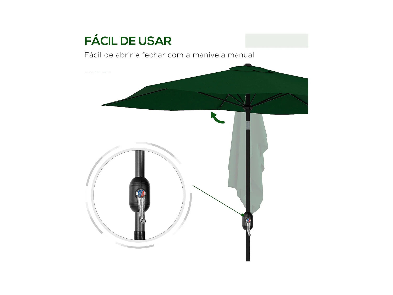 Sombrilla de jardín Gari Outsunny reclinable 6 varillas + manivela verde 248x205x290 cm