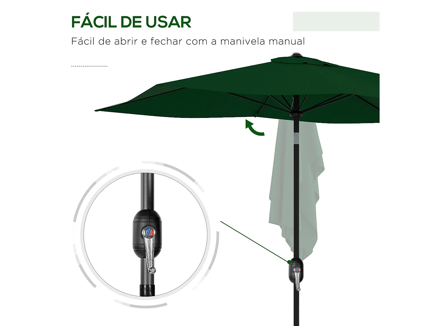 Sombrilla de jardín Gari Outsunny reclinable 6 varillas + manivela verde 248x205x290 cm