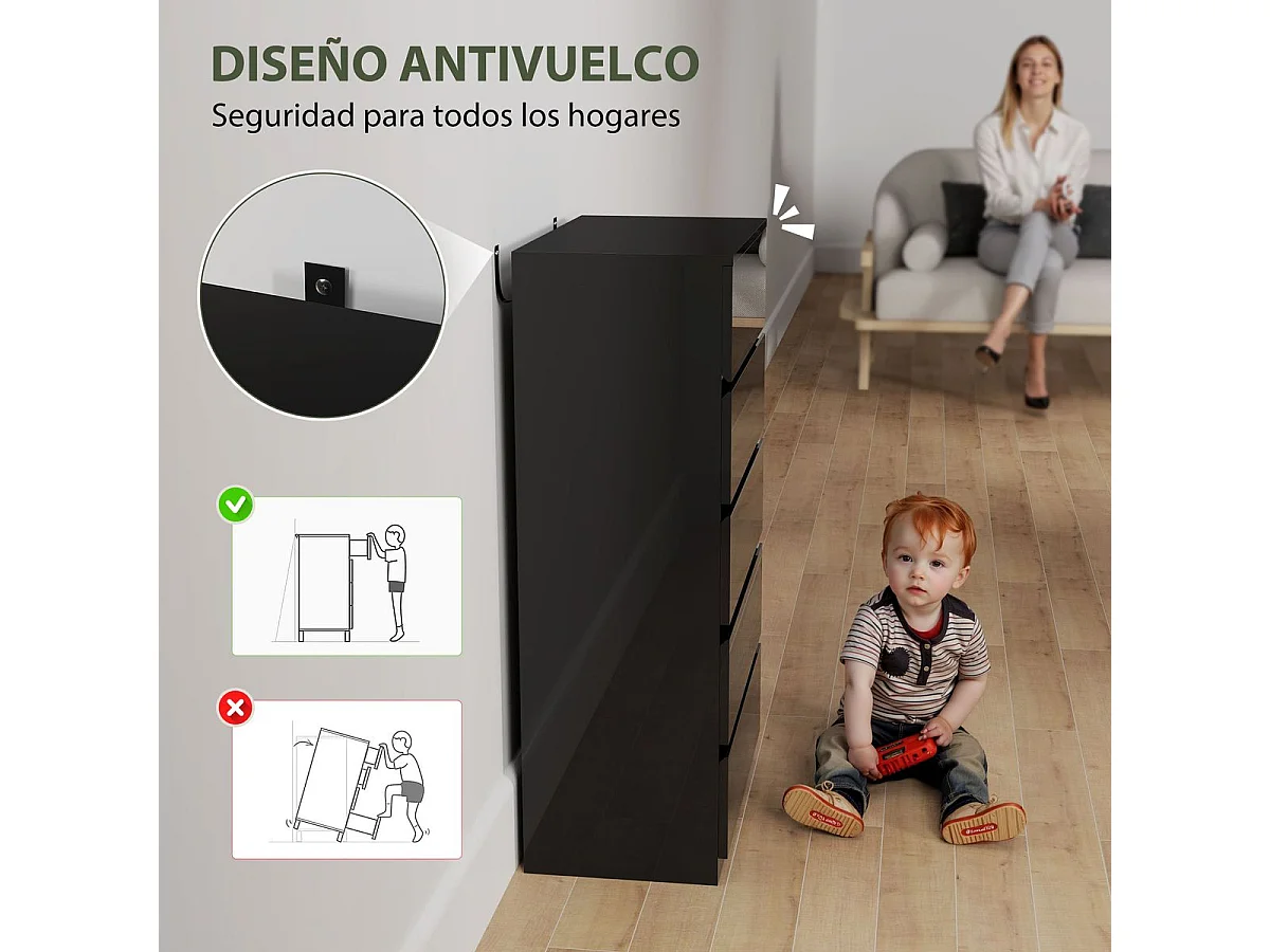 Cómoda Noche Homcom 5 cajones negro 100x55x34 cm