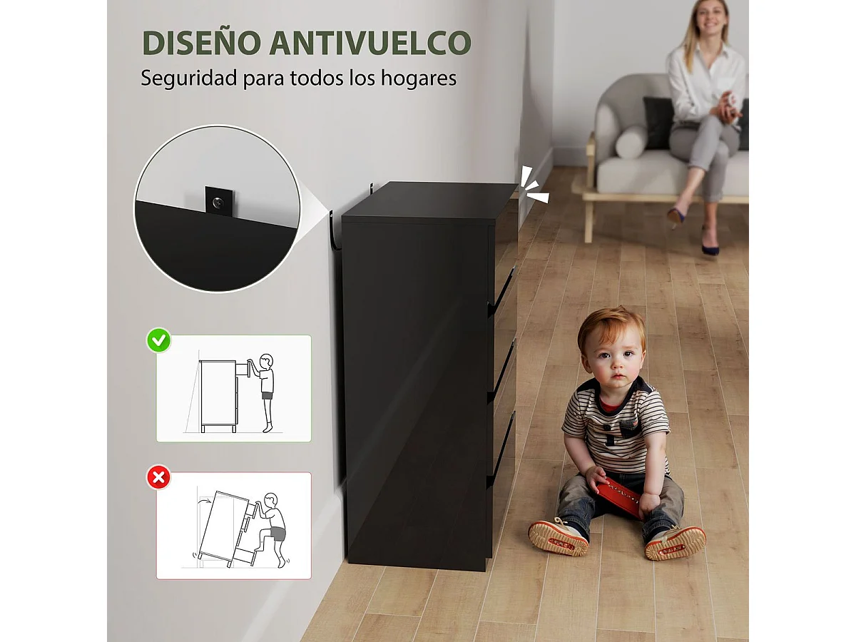 Cómoda Noche Homcom 4 cajones negro 80x55x34 cm