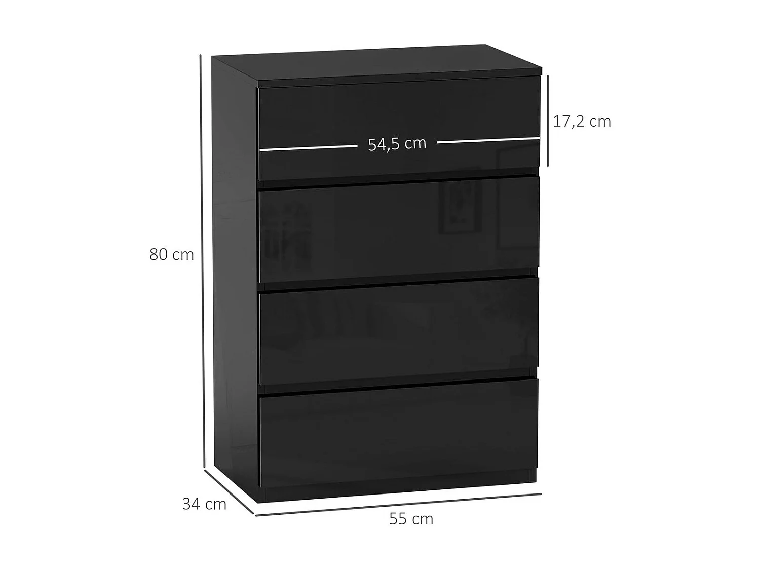 Cómoda Noche Homcom 4 cajones negro 80x55x34 cm