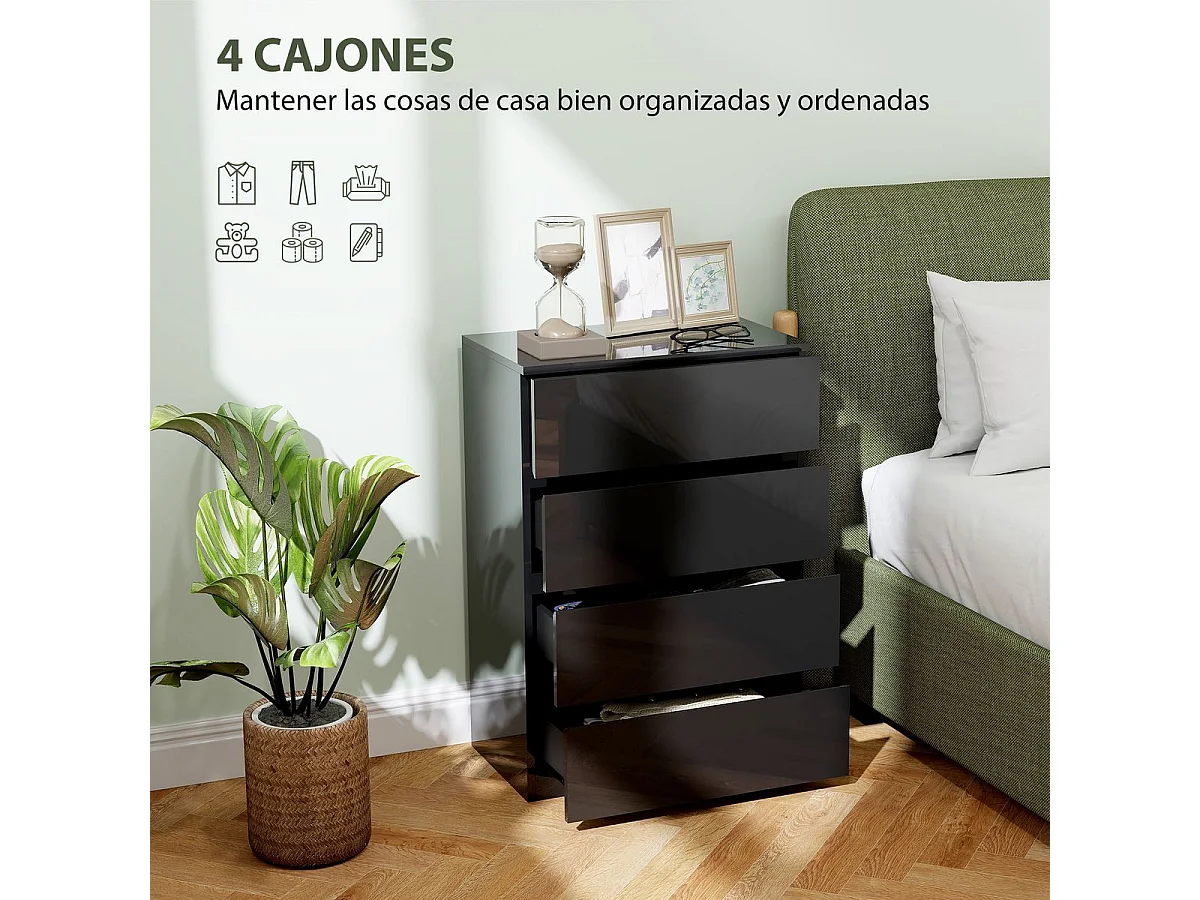 Cómoda Noche Homcom 4 cajones negro 80x55x34 cm