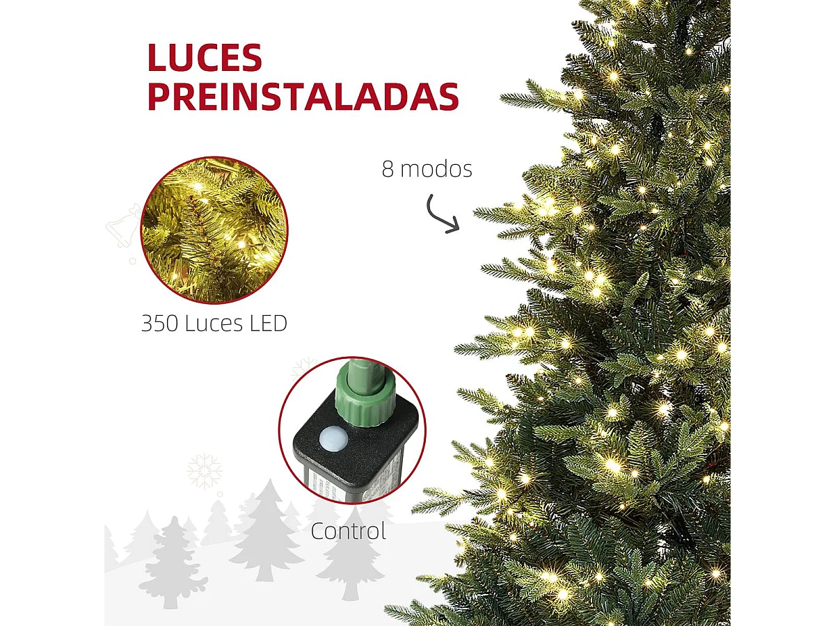 Árbol de Navidad Homcom 726 ramas con 350 luces LEDs verde Ø114x180 cm
