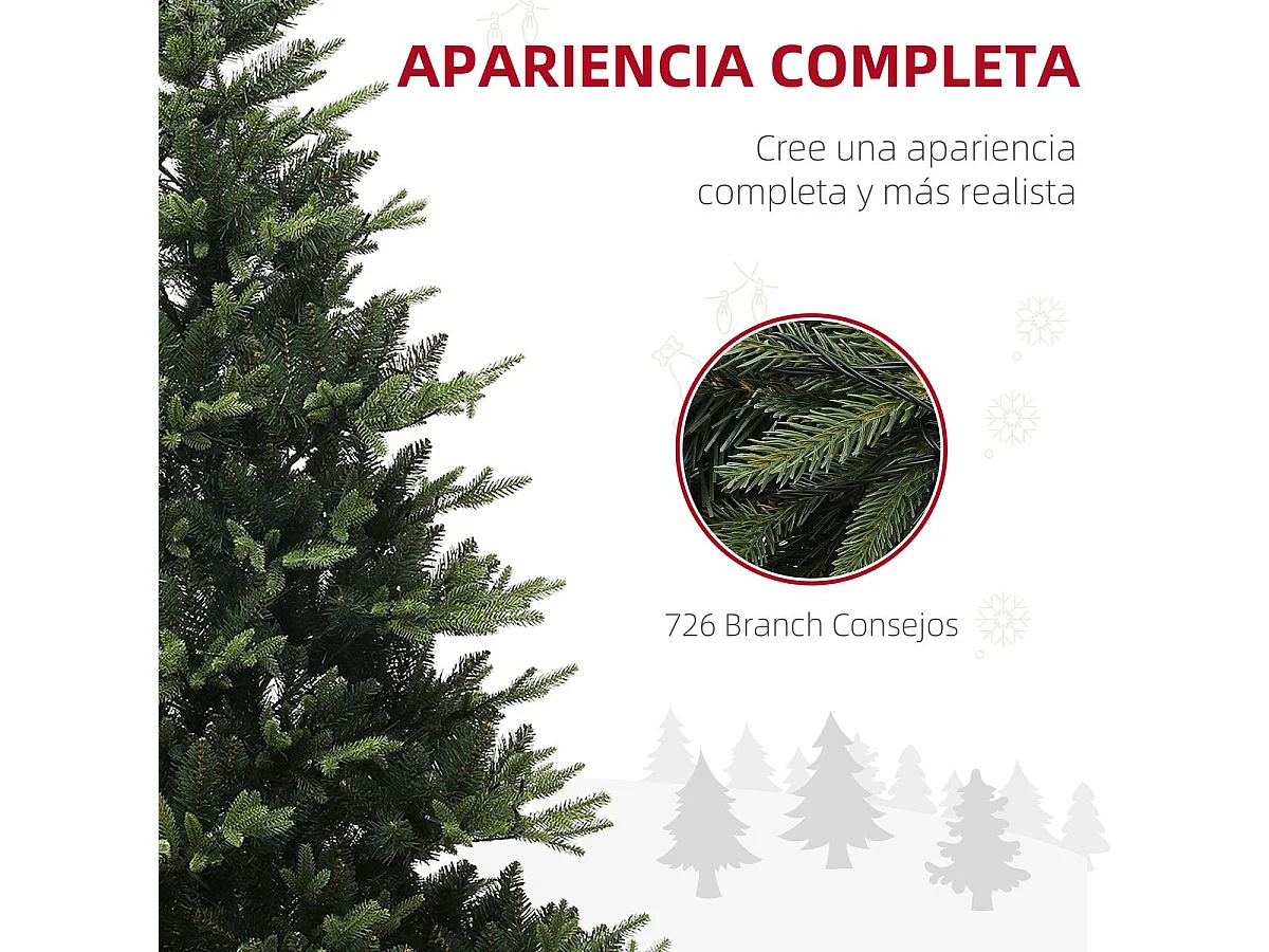 Árbol de Navidad Homcom 726 ramas con 350 luces LEDs verde Ø114x180 cm