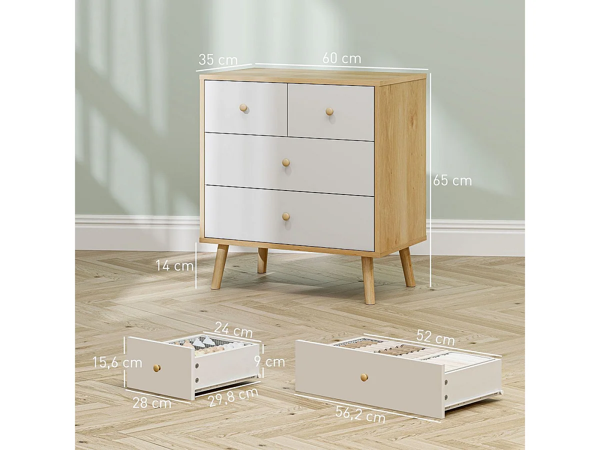 Cómoda Ónix Homcom 4 cajones blanco/natural 65x60x35 cm