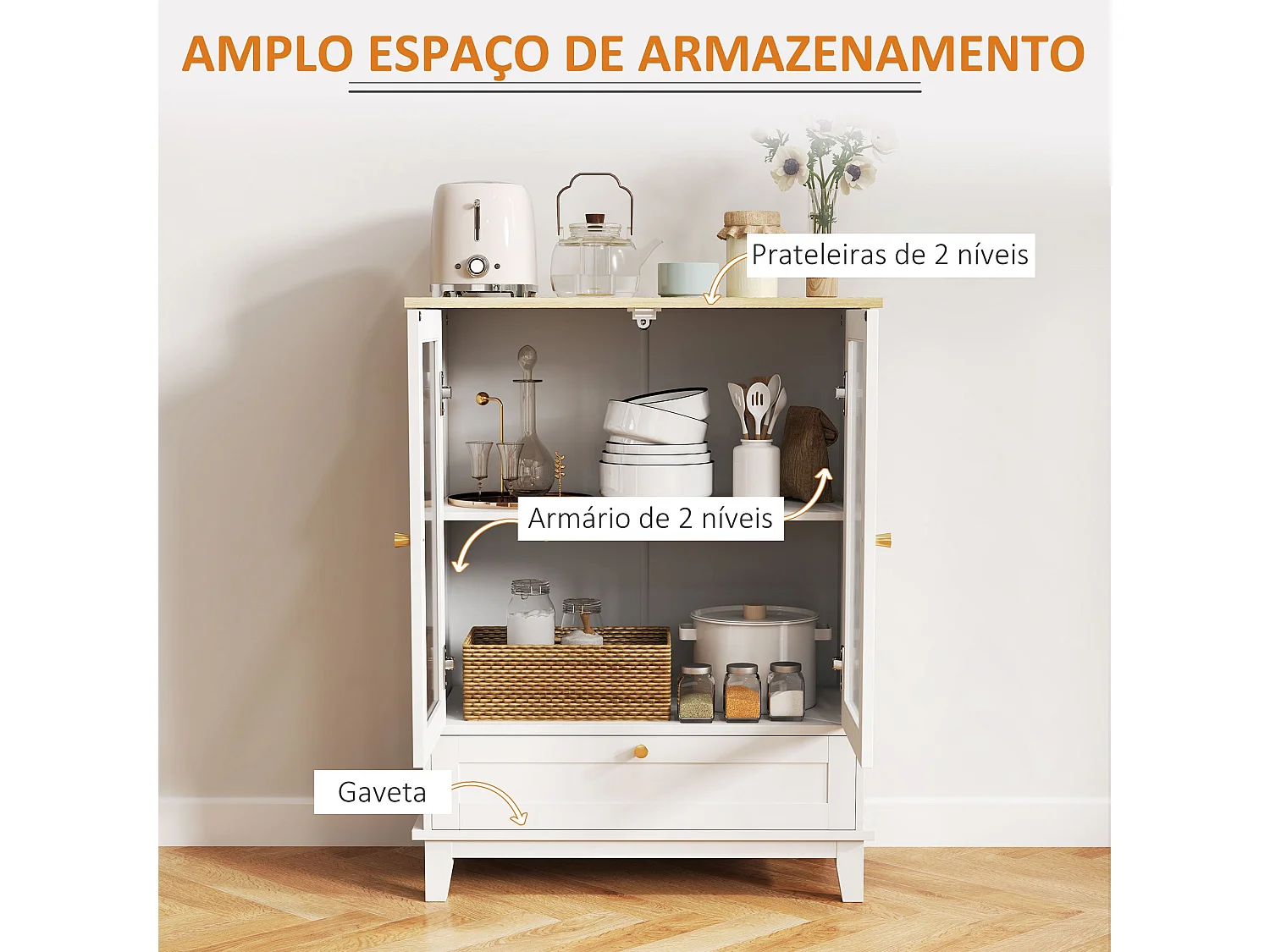 Aparador Milán Homcom cajón + armario blanco/natural 85x68x35 cm