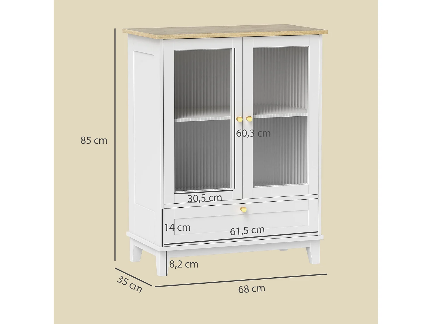 Aparador Elegante com 2 Portas de Vidro Temperado e Gaveta - Móvel Prático para Sala de Estar e Dormitório 68x35x85 cm Branco