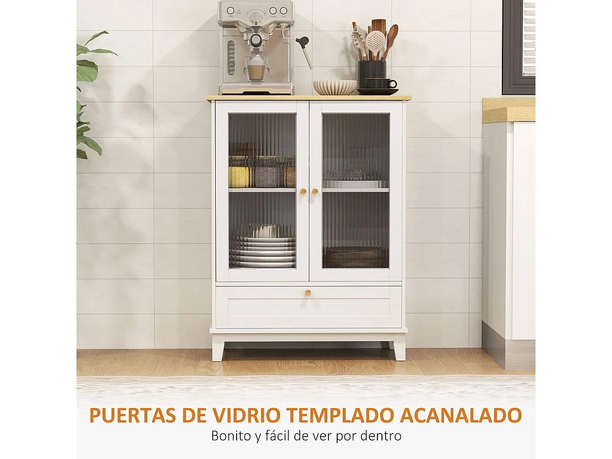 Aparador Elegante com 2 Portas de Vidro Temperado e Gaveta - Móvel Prático para Sala de Estar e Dormitório 68x35x85 cm Branco
