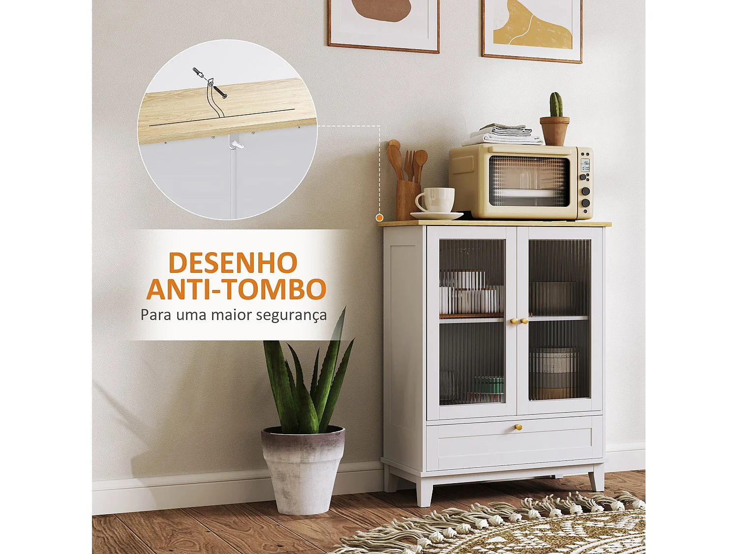 Aparador Elegante com 2 Portas de Vidro Temperado e Gaveta - Móvel Prático para Sala de Estar e Dormitório 68x35x85 cm Branco