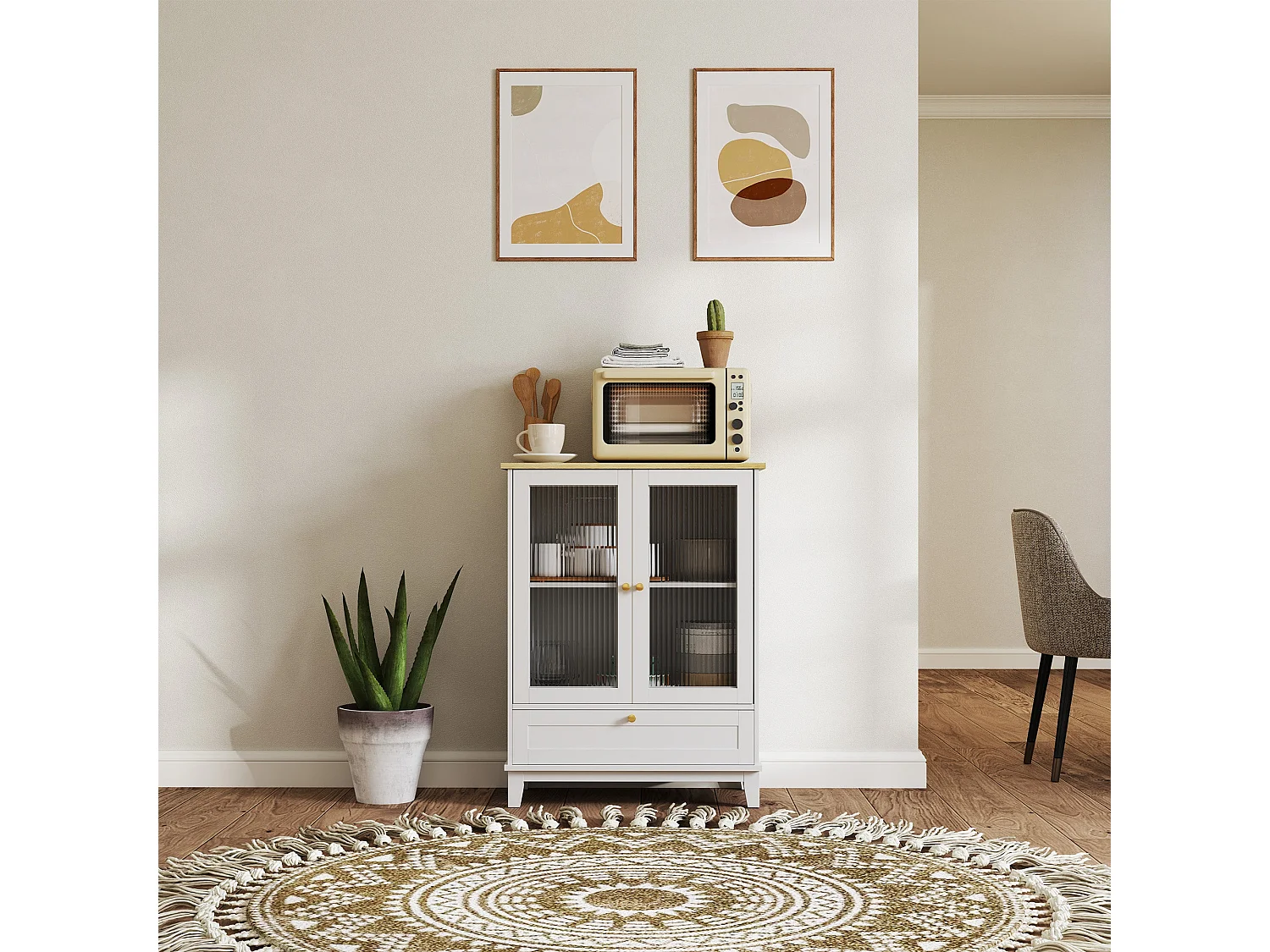 Aparador Elegante com 2 Portas de Vidro Temperado e Gaveta - Móvel Prático para Sala de Estar e Dormitório 68x35x85 cm Branco