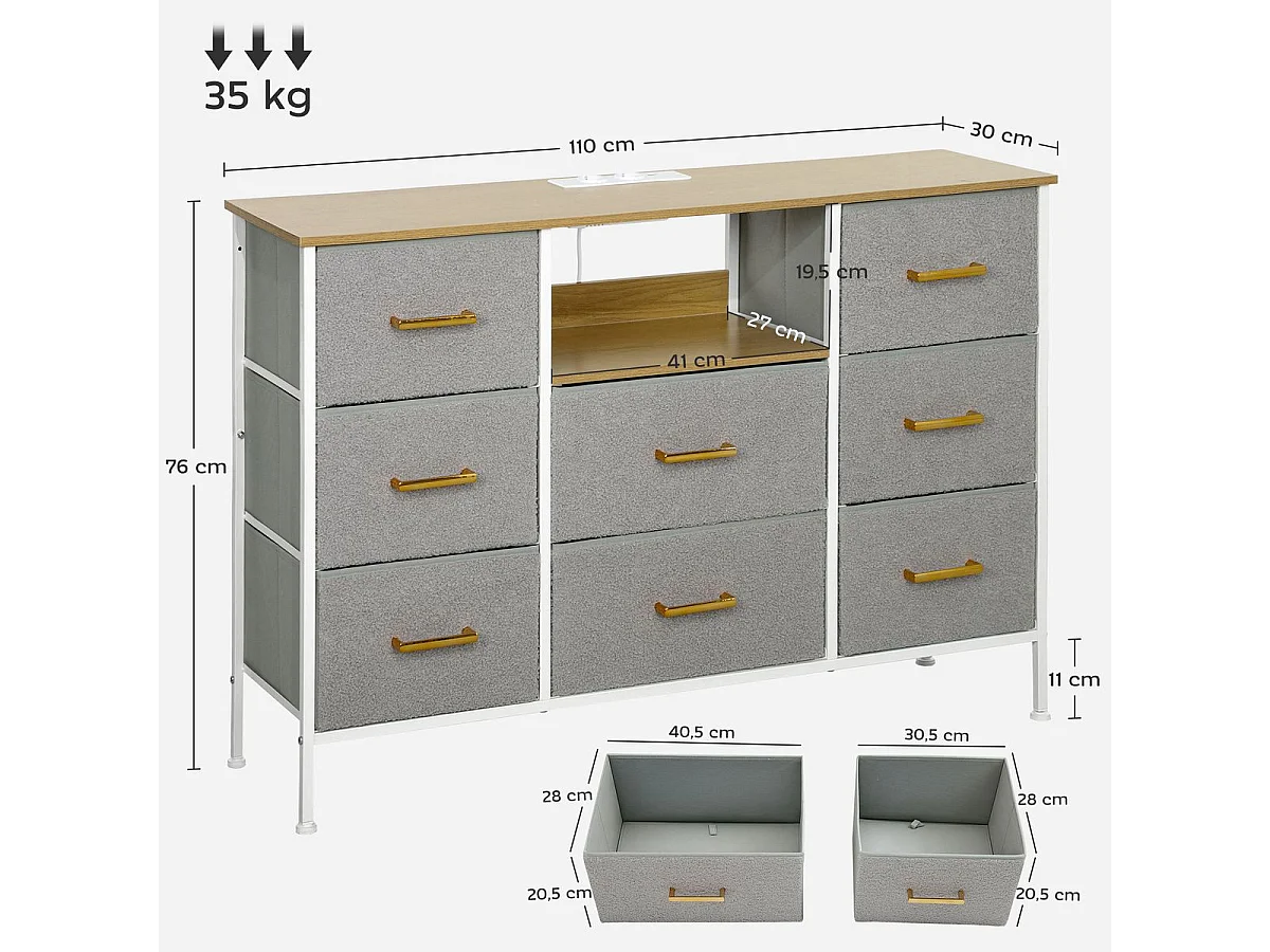 Cómoda Cedro Homcom cajones tela con estación de carga USB-C gris 76x110x30 cm