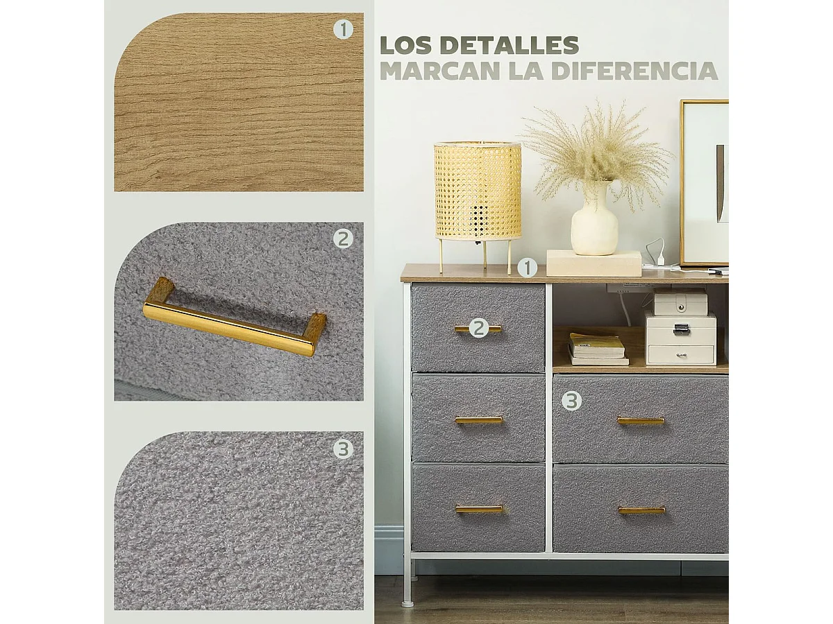 Cómoda Cedro Homcom cajones tela con estación de carga USB-C gris 76x110x30 cm
