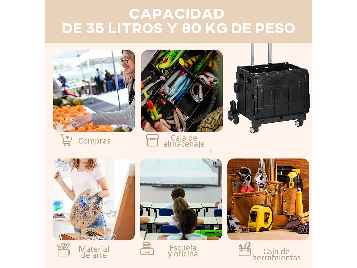 Carrito multiusos Roller Homcom 35L plegable negro 95x43x48 cm