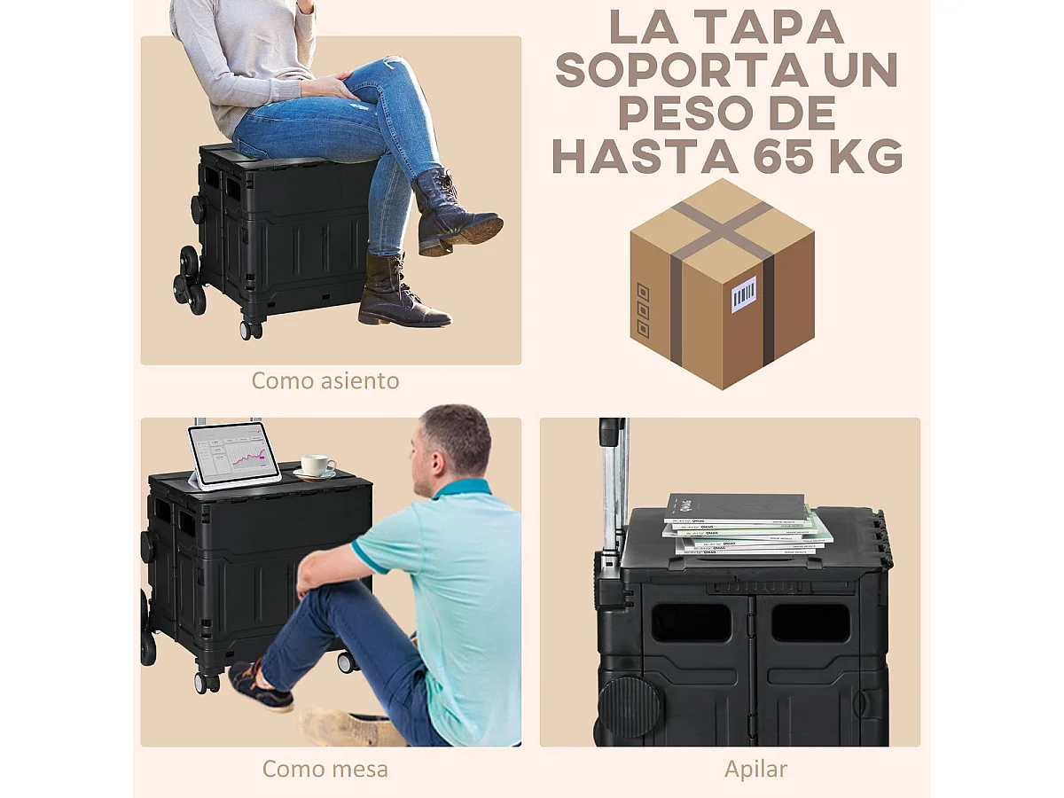 Carrito multiusos Roller Homcom 35L plegable negro 95x43x48 cm