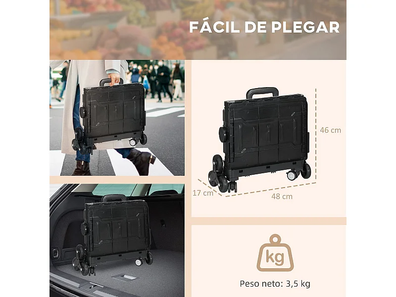 Carrinho de Compras Dobrável com Rodas para Escadas - Modelo Nancy, 35L, 48x43x95 cm, Preto