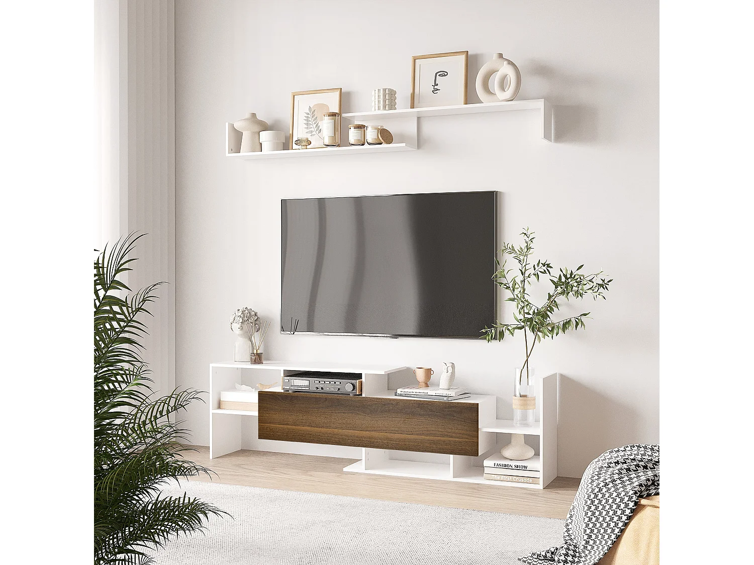 Mueble de TV Sturt Homcom + 2 estantes de pared blanco/marrón