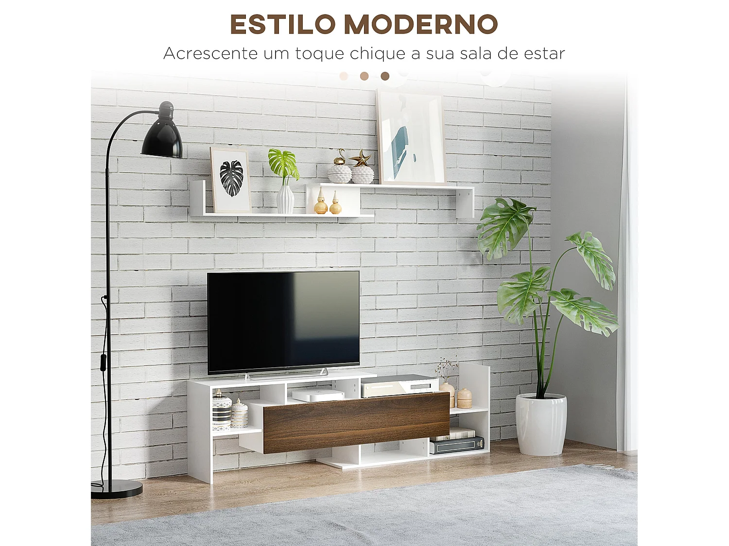 Mueble de TV Sturt Homcom + 2 estantes de pared blanco/marrón