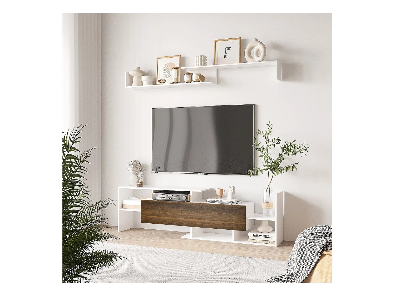 Mueble de TV Sturt Homcom + 2 estantes de pared blanco/marrón