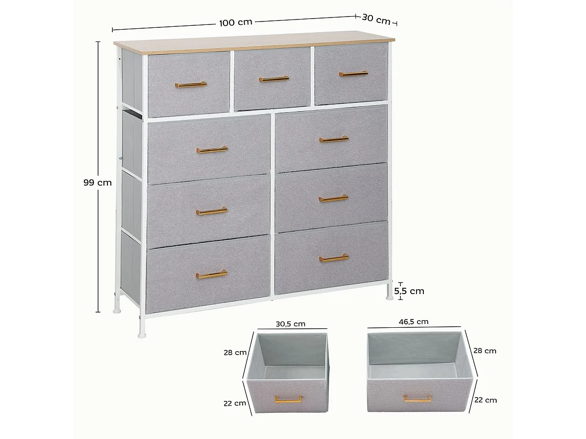 Cómoda Roble Homcom 9 cajones de tela gris 99x100x30 cm