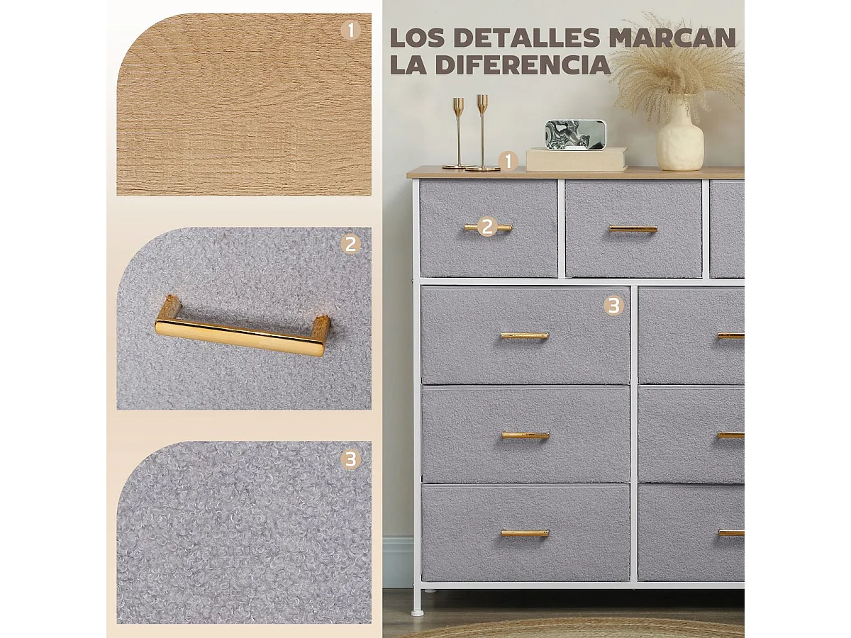 Cómoda Roble Homcom 9 cajones de tela gris 99x100x30 cm
