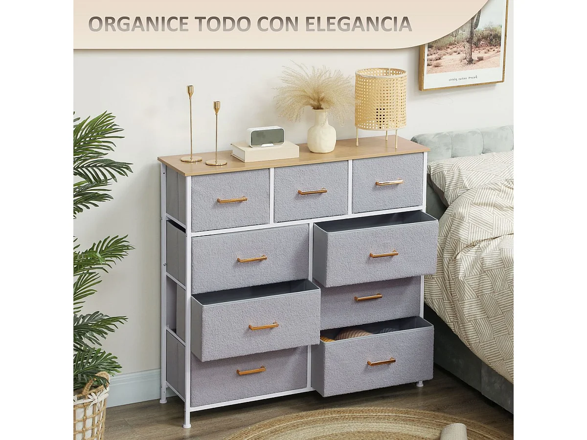 Cómoda Roble Homcom 9 cajones de tela gris 99x100x30 cm