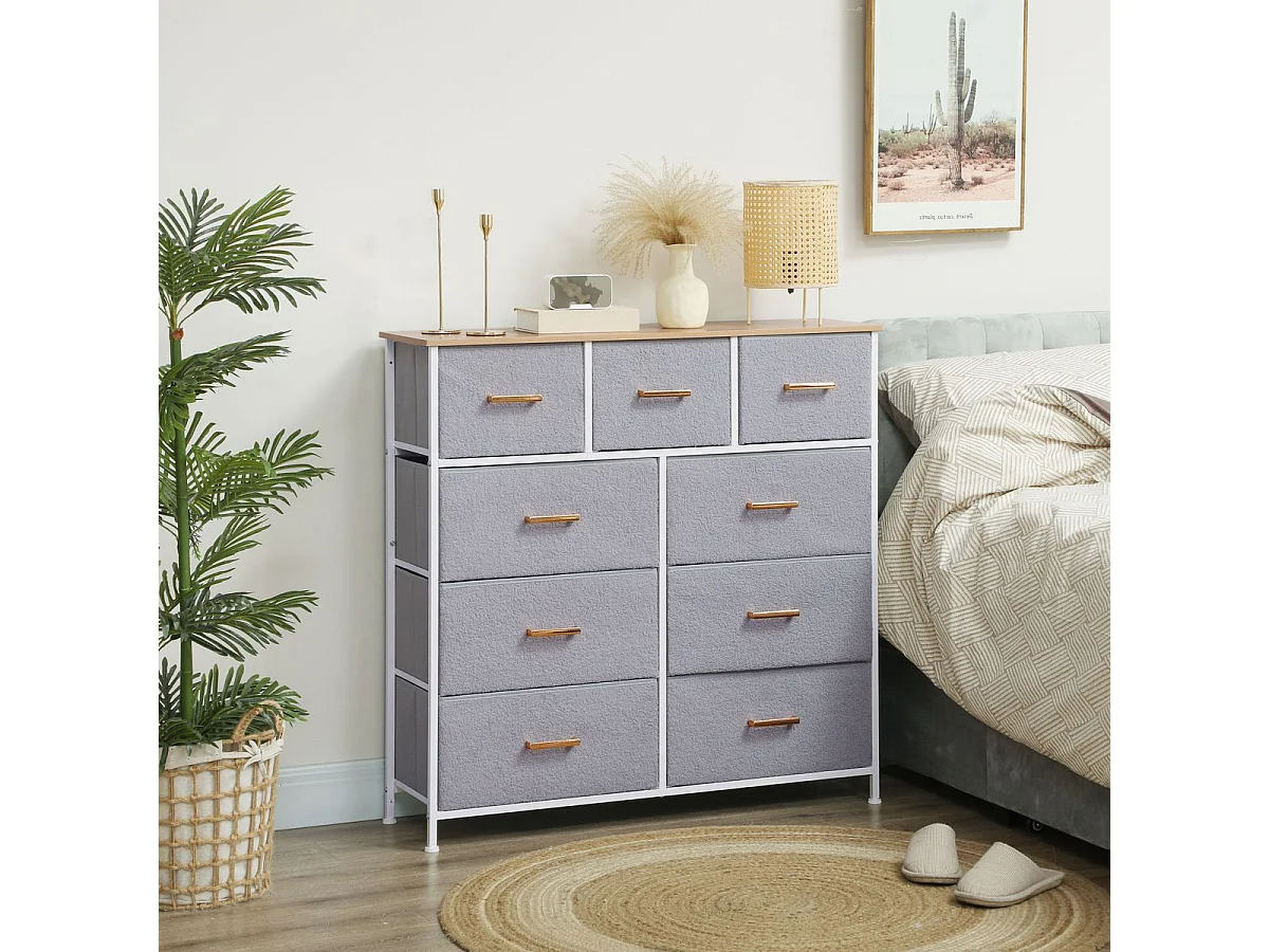 Cómoda Roble Homcom 9 cajones de tela gris 99x100x30 cm