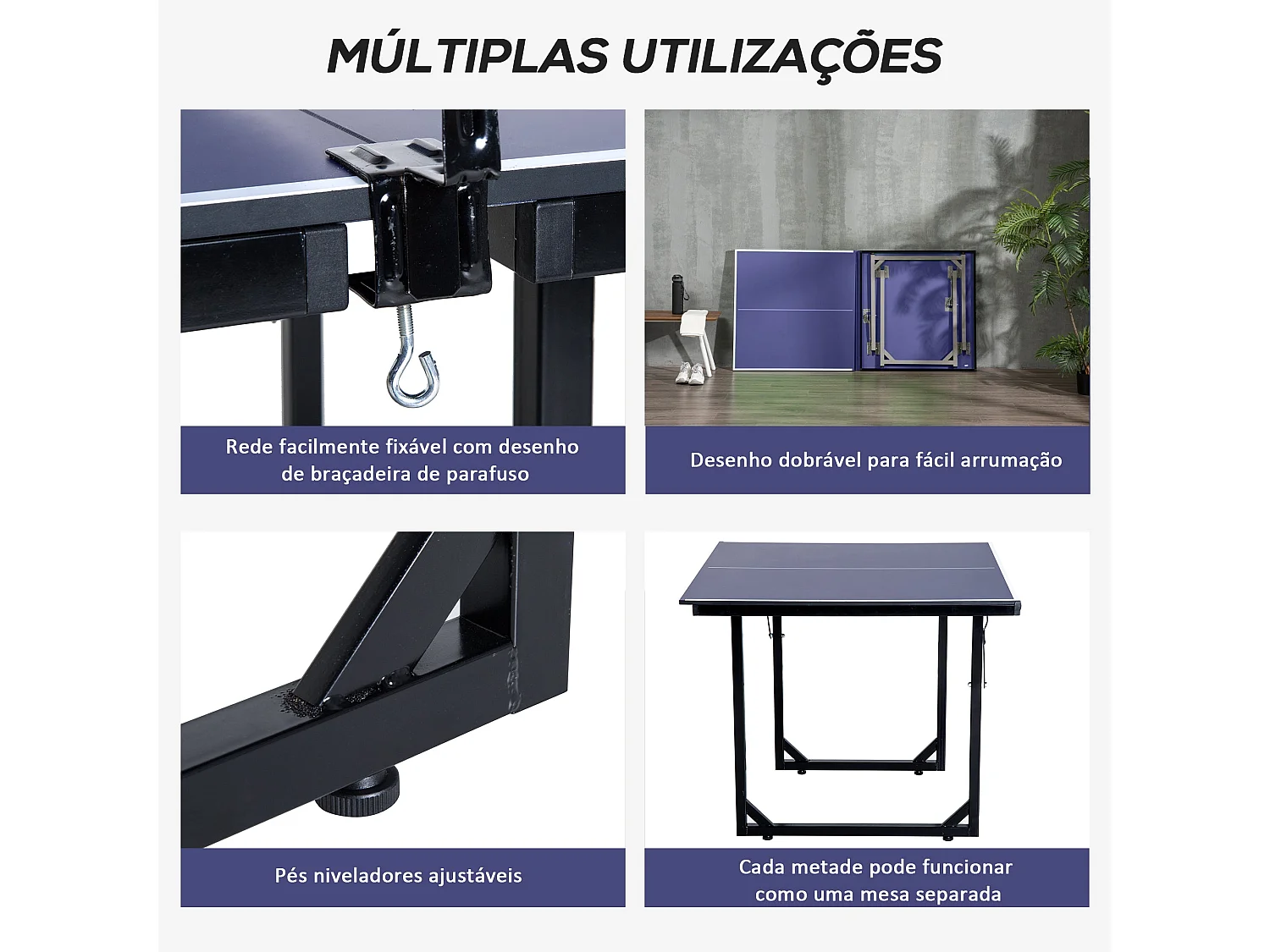 Mesa de Ping Pong Dobrável Profissional Azul 182x91x76 cm com Rede e Estrutura de Aço