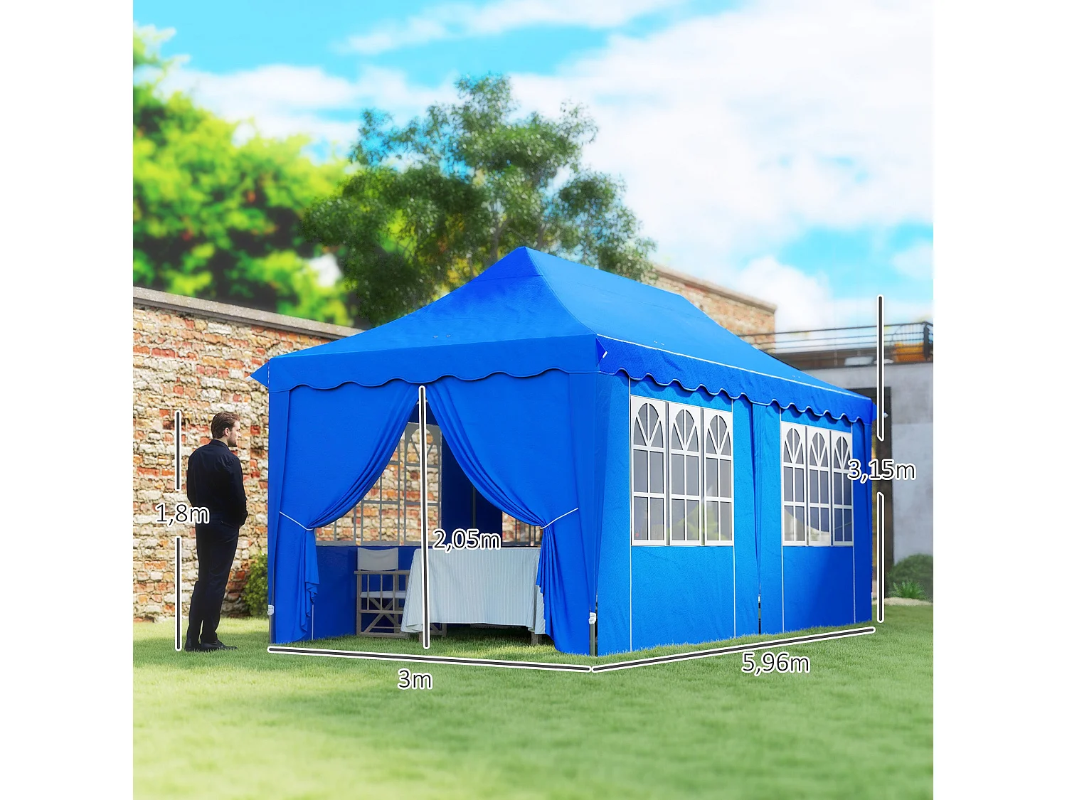 Tenda Dobrável Pop Up Azul 596x300x315 cm Para Festas e Campismo com Proteção UV e Altura Ajustável