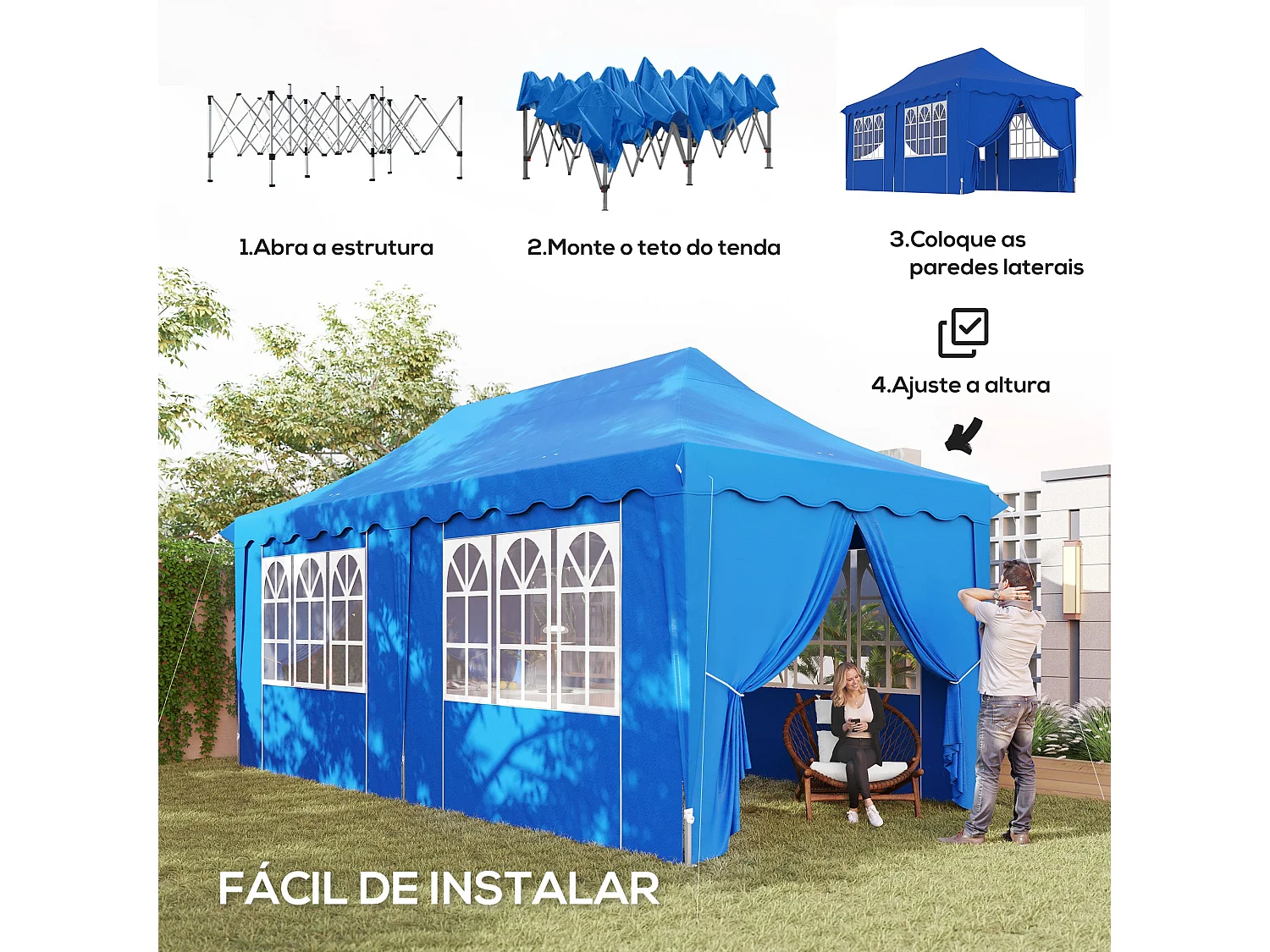 Tenda Dobrável Pop Up Azul 596x300x315 cm Para Festas e Campismo com Proteção UV e Altura Ajustável