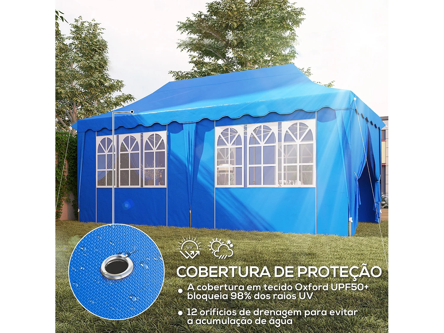 Tenda Dobrável Pop Up Azul 596x300x315 cm Para Festas e Campismo com Proteção UV e Altura Ajustável