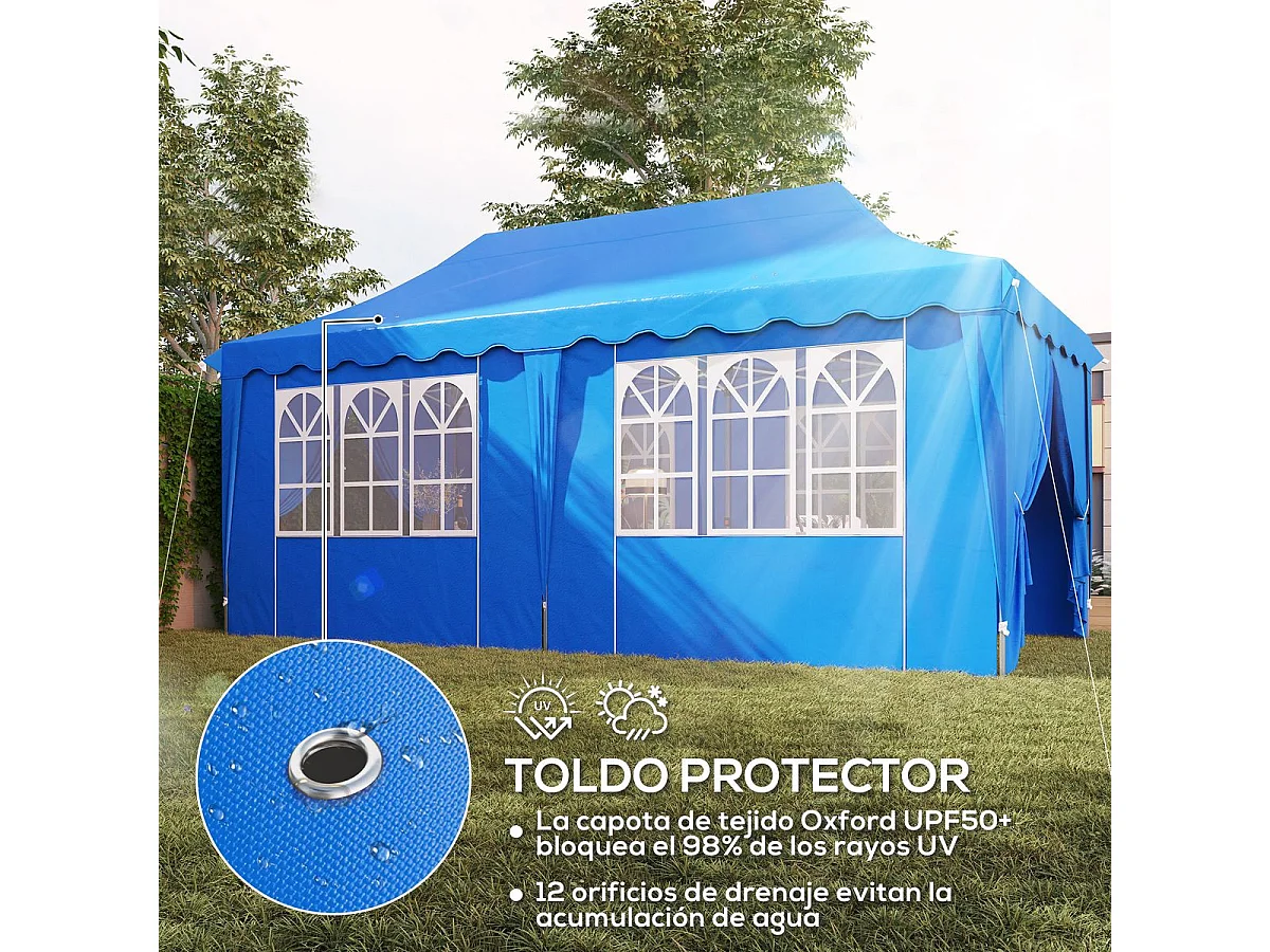 Tenda Dobrável Pop Up Azul 596x300x315 cm Para Festas e Campismo com Proteção UV e Altura Ajustável