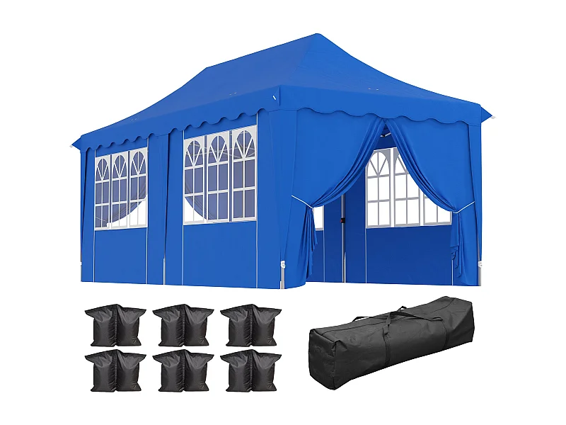 Tenda Dobrável Pop Up Azul 596x300x315 cm Para Festas e Campismo com Proteção UV e Altura Ajustável