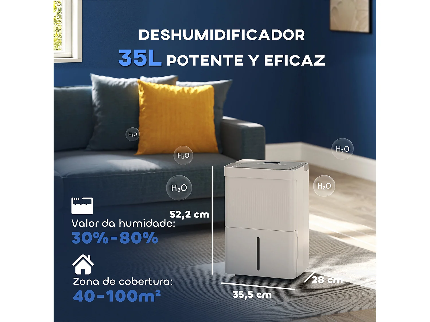 Desumidificador Elétrico 35L/dia com LED, Temporizador e Drenagem Contínua para Ambientes de Até 100㎡