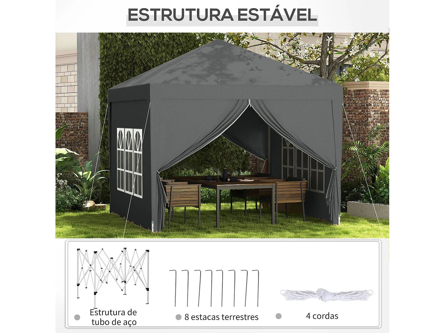 Tenda de Jardim Cinza com Paredes Amovíveis e Janelas para Festas - Ideal para Eventos ao Ar Livre