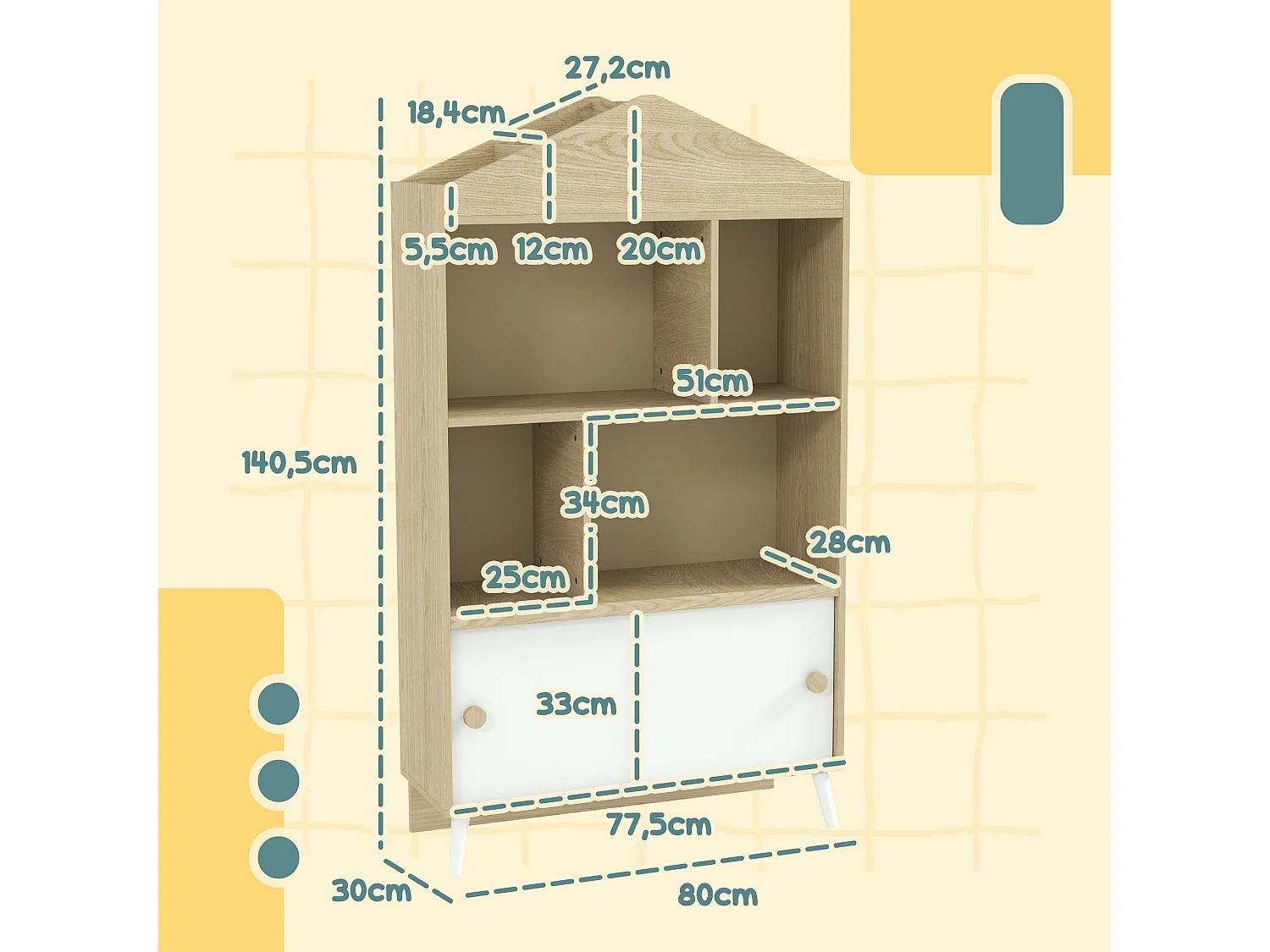 Estantería infantil Campanilla Aiyaplay 4 estantes + armario +3A blanco/natural 140,5x80x30 cm