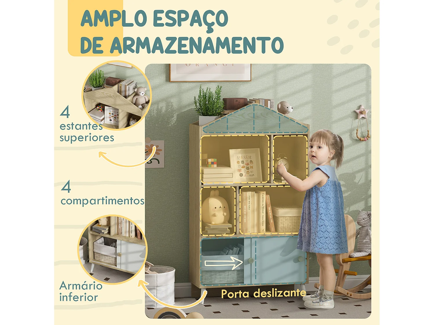 Estantería infantil Campanilla Aiyaplay 4 estantes + armario +3A blanco/natural 140,5x80x30 cm