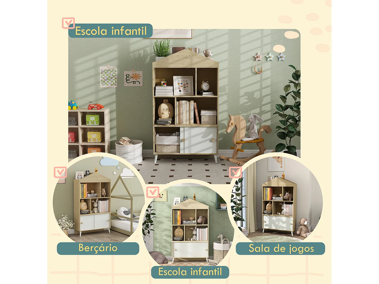 Estantería infantil Campanilla Aiyaplay 4 estantes + armario +3A blanco/natural 140,5x80x30 cm