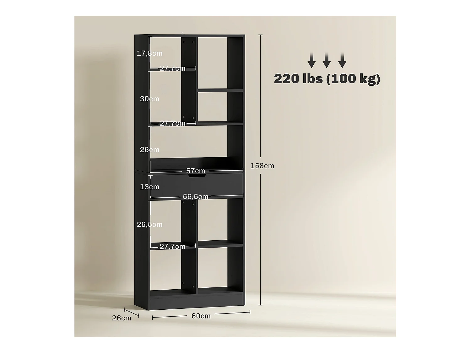 Estantería Color Homcom 9 compartimentos + 1 cajón negro 158x60x26 cm
