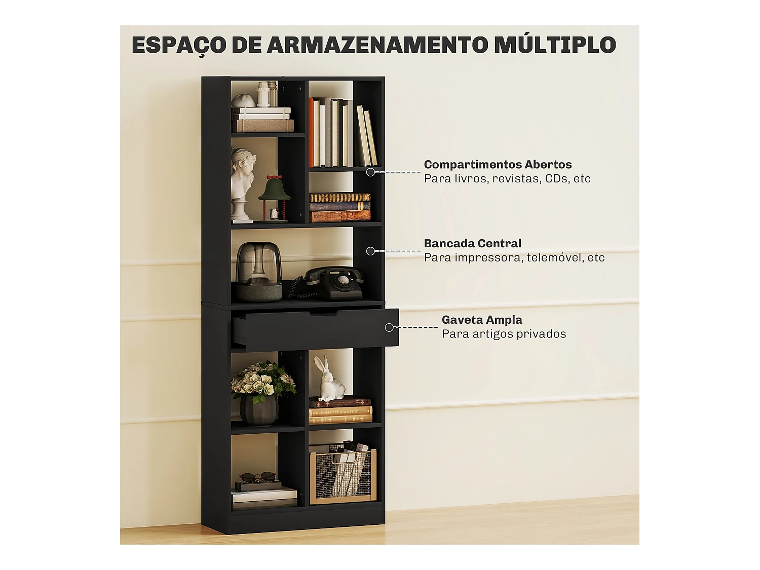 Estantería Color Homcom 9 compartimentos + 1 cajón negro 158x60x26 cm