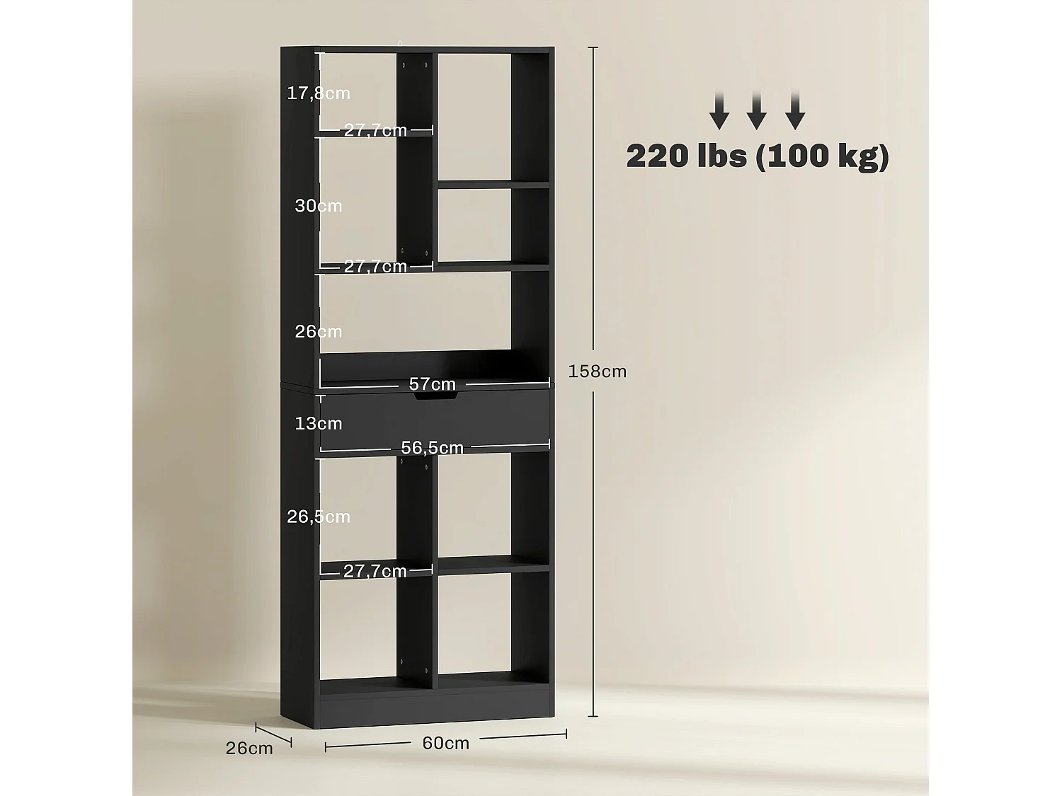 Estantería Color Homcom 9 compartimentos + 1 cajón negro 158x60x26 cm