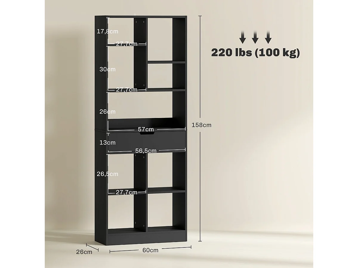 Estantería Color Homcom 9 compartimentos + 1 cajón negro 158x60x26 cm